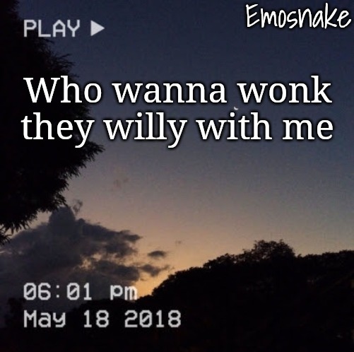 Emosnake's dreamy temp | Who wanna wonk they willy with me | image tagged in emosnake's dreamy temp | made w/ Imgflip meme maker