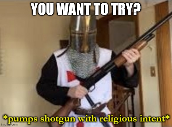 YOU WANT TO TRY? | image tagged in loads shotgun with religious intent | made w/ Imgflip meme maker