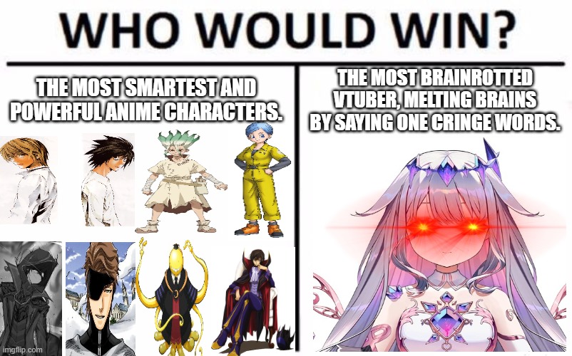 Who Would Win? | THE MOST SMARTEST AND POWERFUL ANIME CHARACTERS. THE MOST BRAINROTTED VTUBER, MELTING BRAINS BY SAYING ONE CRINGE WORDS. | image tagged in memes,who would win | made w/ Imgflip meme maker