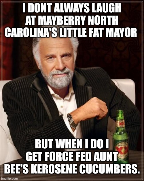 The Most Interesting Man In The World Meme | I DONT ALWAYS LAUGH AT MAYBERRY NORTH CAROLINA'S LITTLE FAT MAYOR; BUT WHEN I DO I GET FORCE FED AUNT BEE'S KEROSENE CUCUMBERS. | image tagged in memes,the most interesting man in the world | made w/ Imgflip meme maker