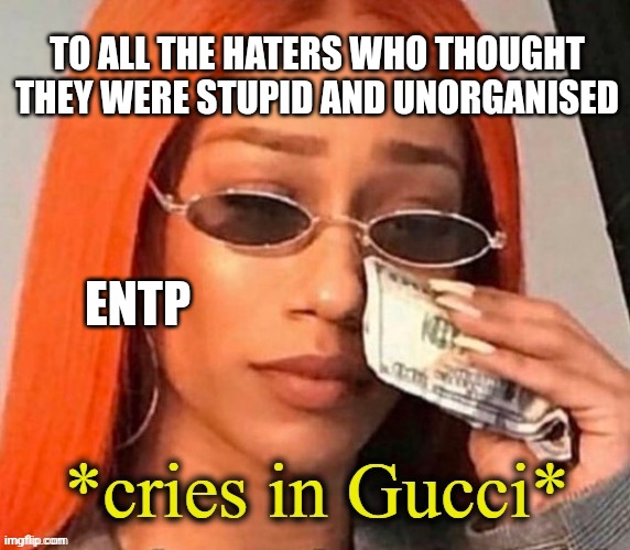 Ne-Si Axis | TO ALL THE HATERS WHO THOUGHT THEY WERE STUPID AND UNORGANISED; ENTP | image tagged in cries in gucci,entp,mbti,myers briggs,personality,memes | made w/ Imgflip meme maker