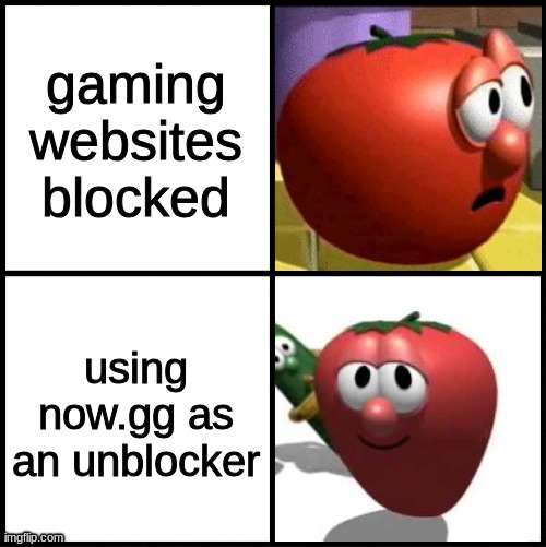 Drake meme (Veggietales) | gaming websites blocked using now.gg as an unblocker | image tagged in drake meme veggietales | made w/ Imgflip meme maker