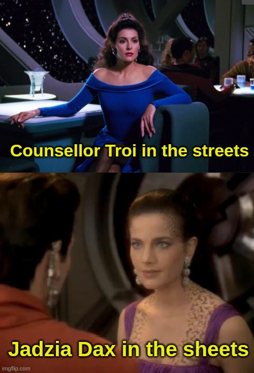 Star Trek | Counsellor Troi in the streets; Jadzia Dax in the sheets | image tagged in star trek | made w/ Imgflip meme maker