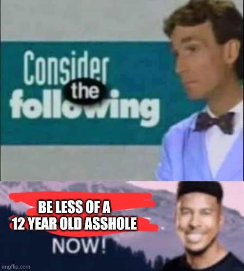 BE LESS OF A 12 YEAR OLD ASSHOLE | image tagged in consider the following,you should treat yourself now | made w/ Imgflip meme maker