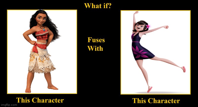 Moana Waialiki Fuses With Mavis Dracula | image tagged in what if fuses,moana waialiki,moana,hotel transylvania,mavis,black hair | made w/ Imgflip meme maker