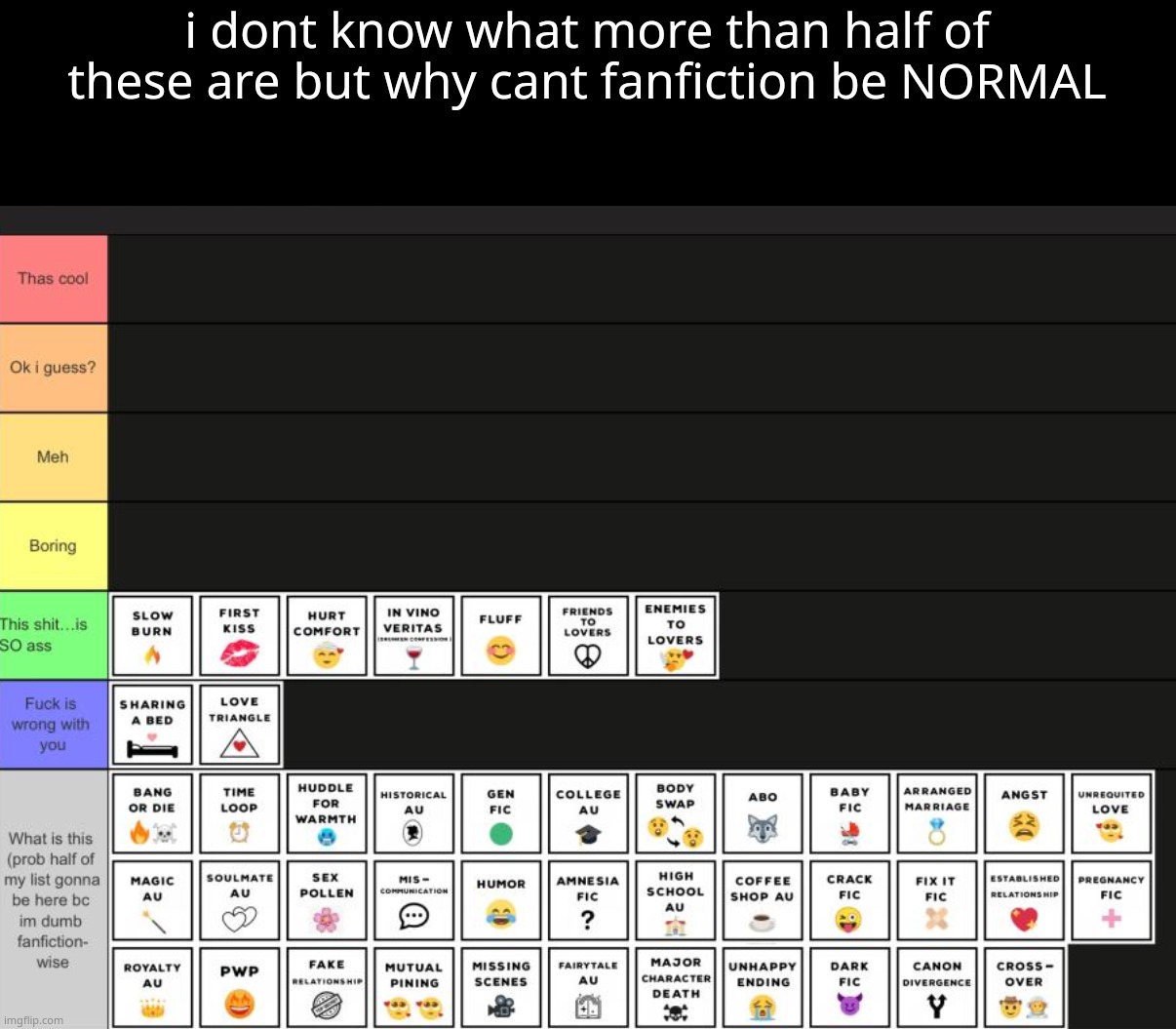 i dont know what more than half of these are but why cant fanfiction be NORMAL | made w/ Imgflip meme maker