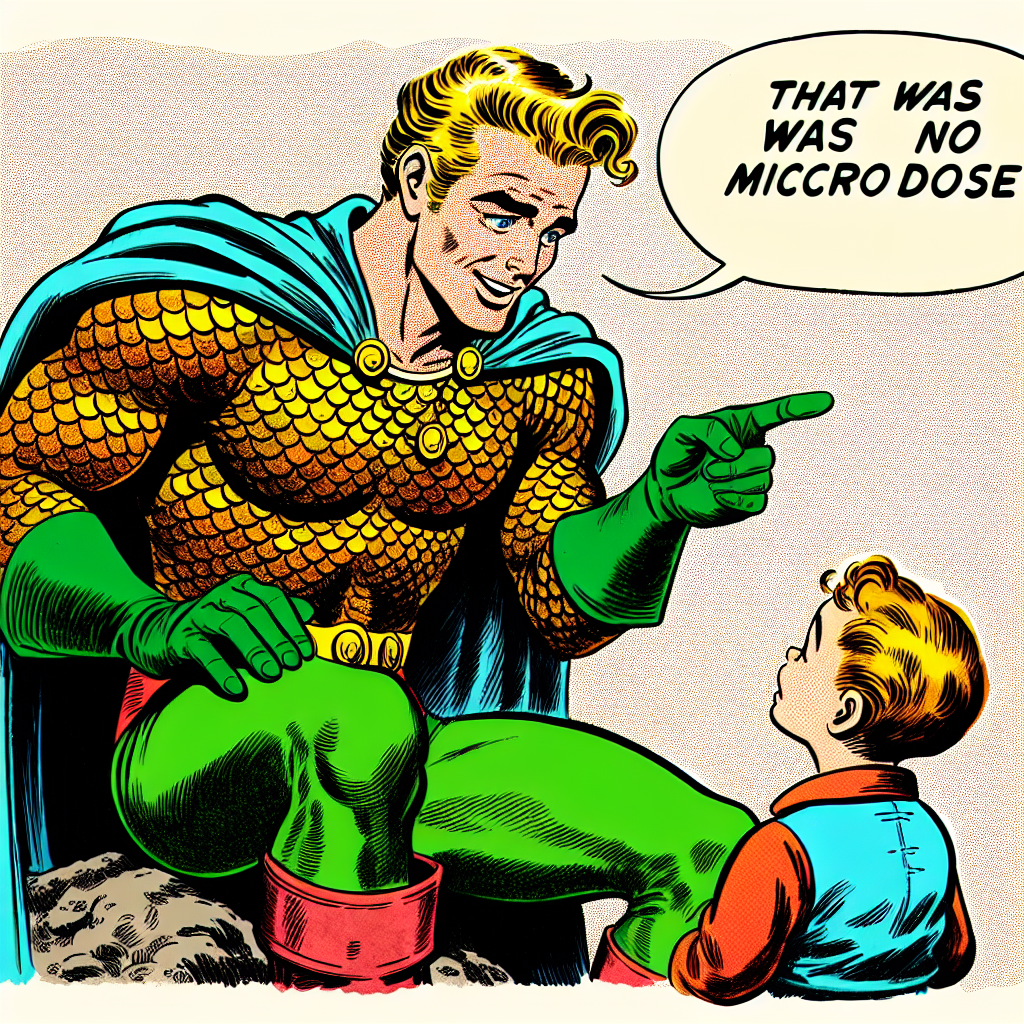 Aquaman telling a child, "that was no microdose" retro style art Blank Meme Template