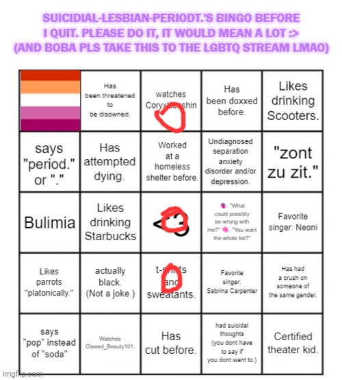 suicidial-lesbian-periodt.'s bingo card | image tagged in suicidial-lesbian-periodt 's bingo card | made w/ Imgflip meme maker