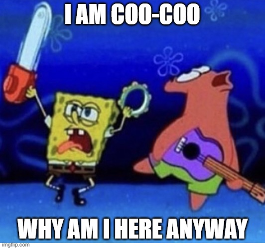 I'M COO COO ? DONT U AGREE comment down below | I AM COO-COO; WHY AM I HERE ANYWAY | image tagged in spongebob | made w/ Imgflip meme maker