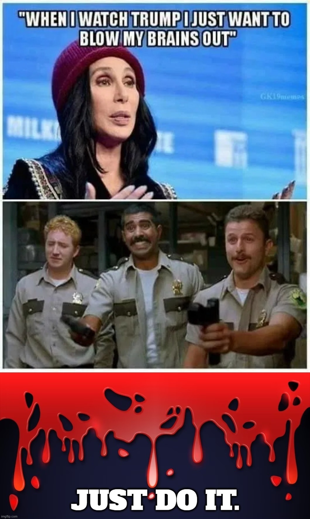 Dear Cher; Just Do It! | image tagged in just do it,cher bono,contemplating suicide guy,convinced suicide comic,suicide hotline,gary busey approves | made w/ Imgflip meme maker