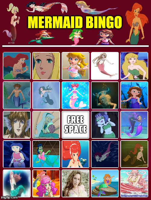 Mermaid bingo meme | MERMAID BINGO | image tagged in blank bingo,mermaid,anime,movies,cartoons,memes | made w/ Imgflip meme maker