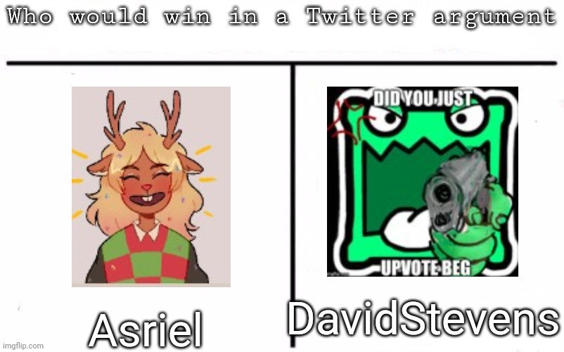 Pitting random mfs against each other | DavidStevens; Asriel | image tagged in pitting random mfs against each other,msmg,memes | made w/ Imgflip meme maker
