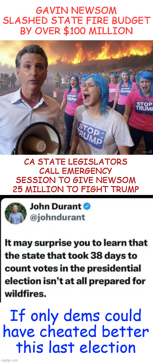 If only dems could have cheated better this last election | GAVIN NEWSOM SLASHED STATE FIRE BUDGET BY OVER $100 MILLION; CA STATE LEGISLATORS CALL EMERGENCY SESSION TO GIVE NEWSOM 25 MILLION TO FIGHT TRUMP; If only dems could have cheated better this last election | image tagged in newsom,gross mismanagement,slashed firefighting budget | made w/ Imgflip meme maker