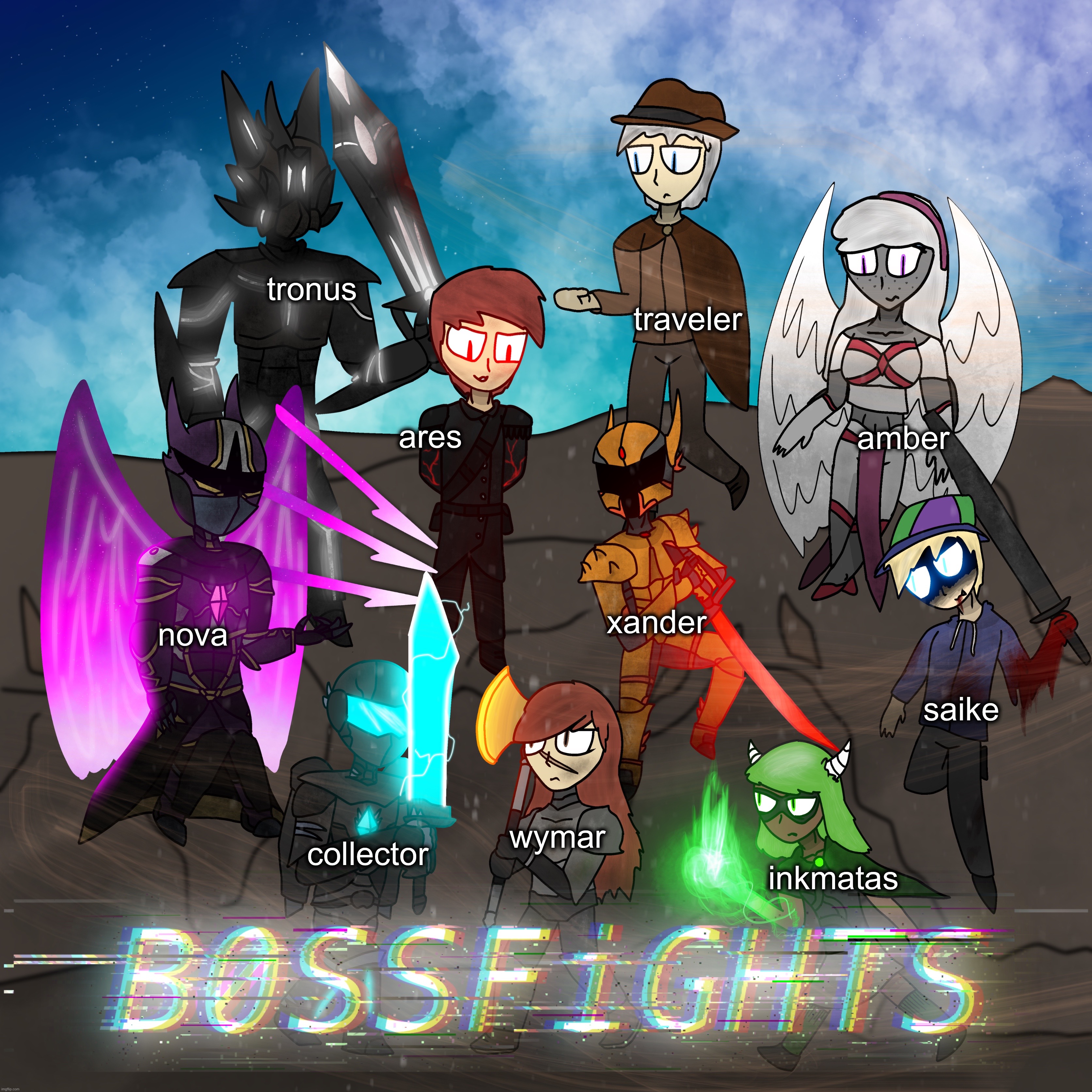 everyone pictured in the bossfights discord server icon i made btw | tronus; traveler; ares; amber; nova; xander; saike; wymar; collector; inkmatas | made w/ Imgflip meme maker