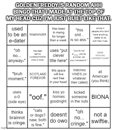 GoldenFreddy.'s weird ass bingo | image tagged in goldenfreddy 's weird ass bingo | made w/ Imgflip meme maker