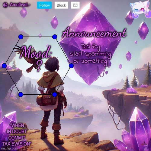 @-.Amethyst.- announcement template | Did fry start spamming or something; ? | image tagged in - amethyst - announcement template | made w/ Imgflip meme maker