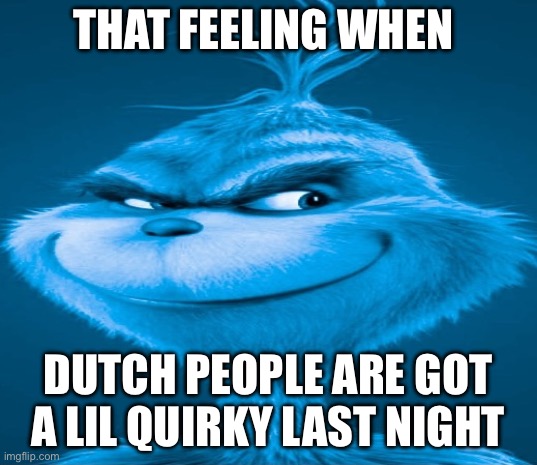 @hh | THAT FEELING WHEN; DUTCH PEOPLE ARE GOT A LIL QUIRKY LAST NIGHT | image tagged in blue grinch,memes,knee surgery,funny,dutch | made w/ Imgflip meme maker