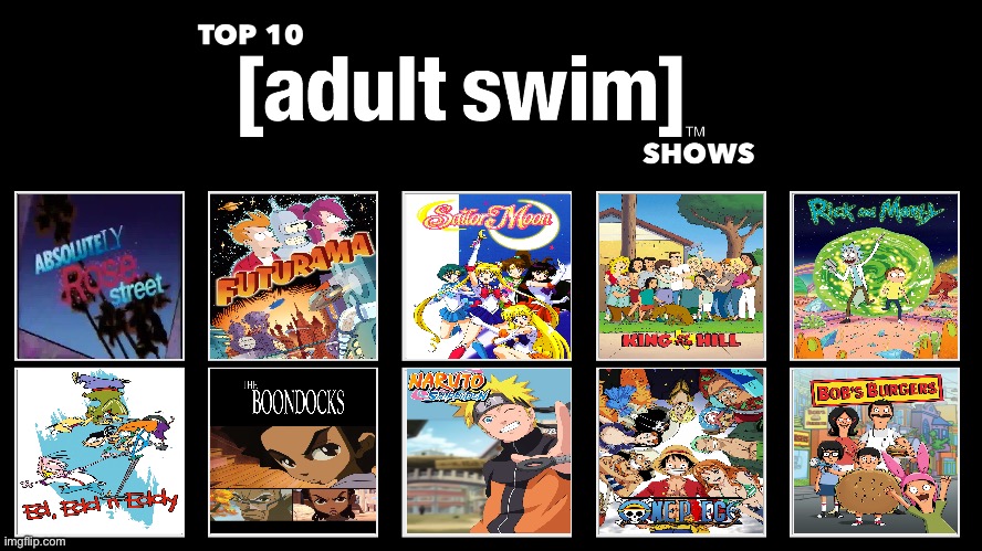 Brandon's Top 10 Adult Swim Shows | image tagged in adult swim,sailor moon,futurama,king of the hill,ed edd n eddy,naruto shippuden | made w/ Imgflip meme maker