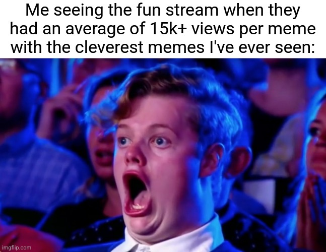 Surprised Open Mouth | Me seeing the fun stream when they had an average of 15k+ views per meme with the cleverest memes I've ever seen: | image tagged in surprised open mouth | made w/ Imgflip meme maker