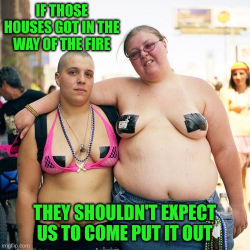 Real lesbians | IF THOSE HOUSES GOT IN THE WAY OF THE FIRE THEY SHOULDN'T EXPECT US TO COME PUT IT OUT | image tagged in real lesbians | made w/ Imgflip meme maker