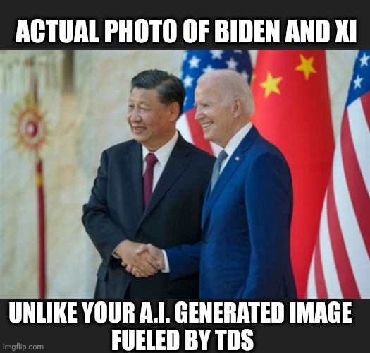 ACTUAL PHOTO OF BIDEN AND XI UNLIKE YOUR A.I. GENERATED IMAGE 
FUELED BY TDS | made w/ Imgflip meme maker