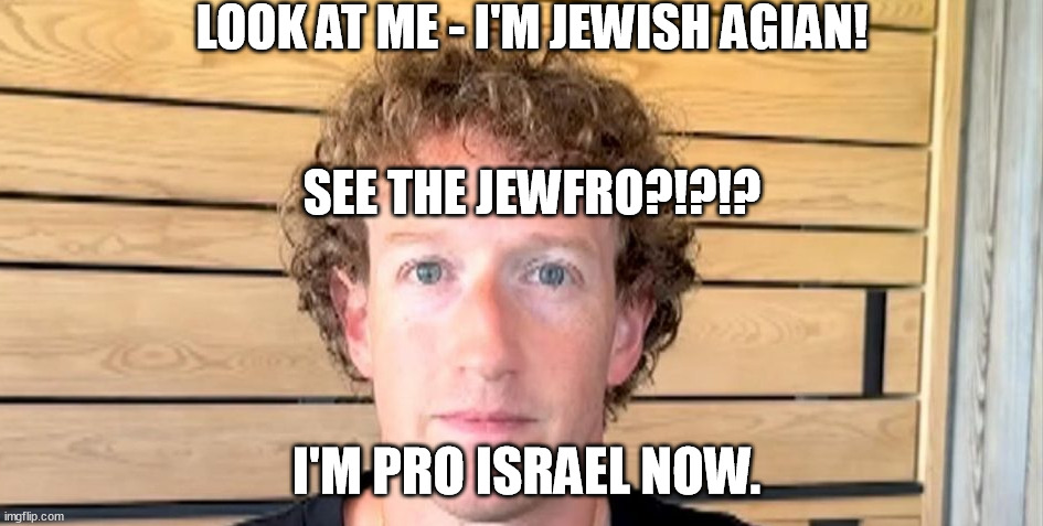 The lizardqueen Zucc is back to being jew-ish again, like George Anthony Devolder Santos. | LOOK AT ME - I'M JEWISH AGIAN! SEE THE JEWFRO?!?!? I'M PRO ISRAEL NOW. | image tagged in jewfro zucc,mark zuckerberg,facebook,instagram,memes,funny | made w/ Imgflip meme maker