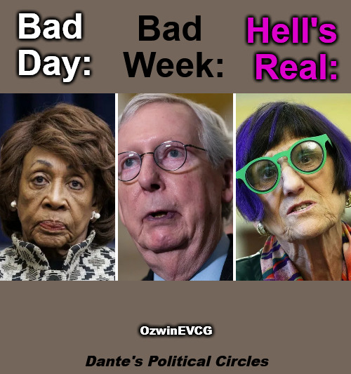 Dante's Political Circles | Bad 

Week:; Hell's 

Real:; Bad 

Day:; OzwinEVCG; Dante's Political Circles | image tagged in bad day at work,political humor,government corruption,politicians suck,lgbtq,clown world | made w/ Imgflip meme maker