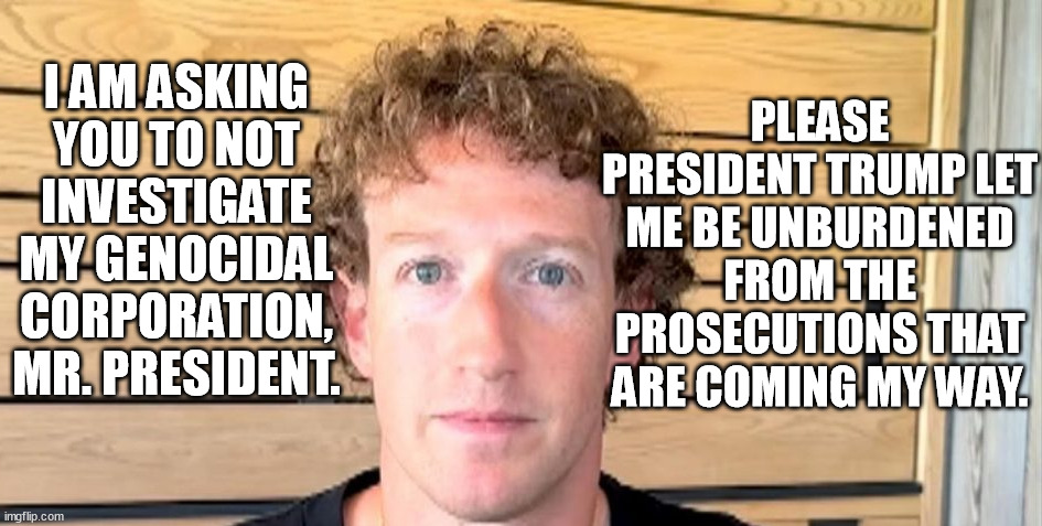 Zucc the lizard kisses the ring and begs for leniency in the upcoming clusterf*ck sh*tstorm of prosecutions against meta. | PLEASE PRESIDENT TRUMP LET ME BE UNBURDENED FROM THE PROSECUTIONS THAT ARE COMING MY WAY. I AM ASKING YOU TO NOT INVESTIGATE MY GENOCIDAL CORPORATION, MR. PRESIDENT. | image tagged in jewfro zucc,meta,facebook,mark zuckerberg,memes,funny | made w/ Imgflip meme maker