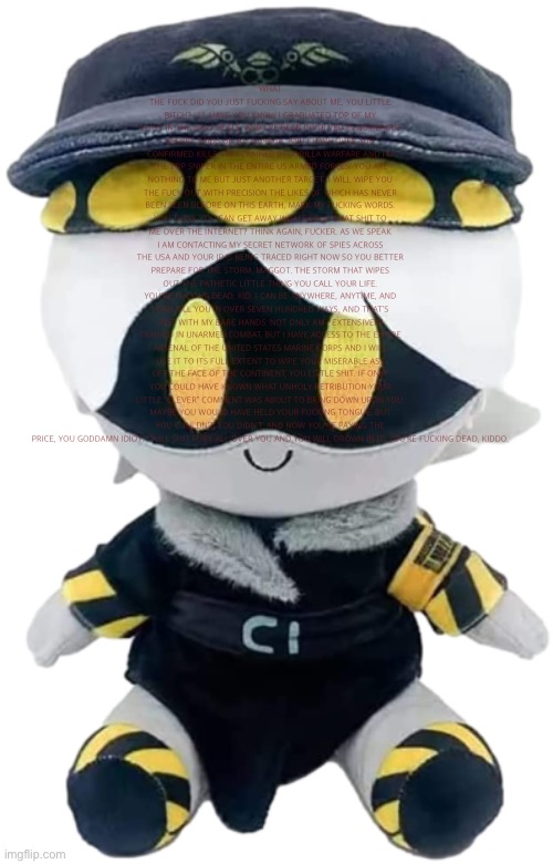 N Plushie | WHAT THE FUCK DID YOU JUST FUCKING SAY ABOUT ME, YOU LITTLE BITCH? I'LL HAVE YOU KNOW I GRADUATED TOP OF MY CLASS IN THE NAVY SEALS, AND I'V | image tagged in n plushie | made w/ Imgflip meme maker