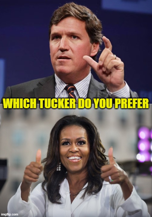 Top or Bottom? I bet top | WHICH TUCKER DO YOU PREFER | image tagged in tucker carlson,michelle obama,obama,transgender,fox news,democrats | made w/ Imgflip meme maker