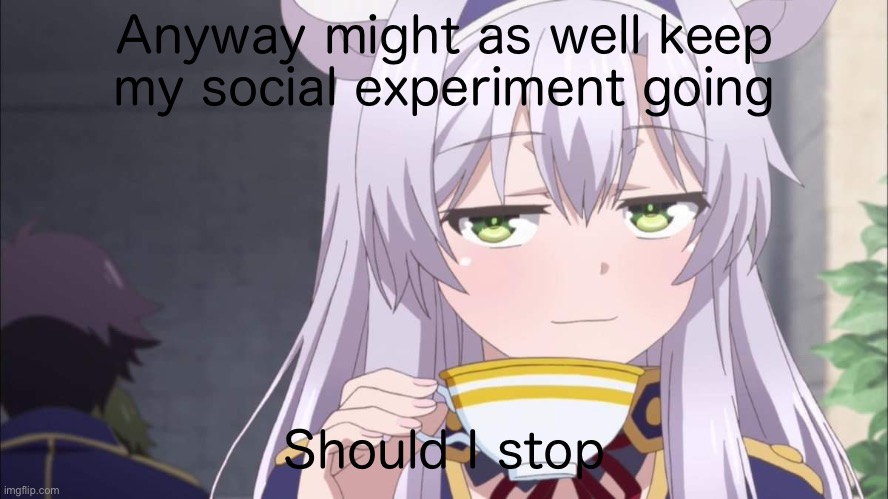 Anime girl sipping tea | Anyway might as well keep my social experiment going; Should I stop | image tagged in anime girl sipping tea | made w/ Imgflip meme maker