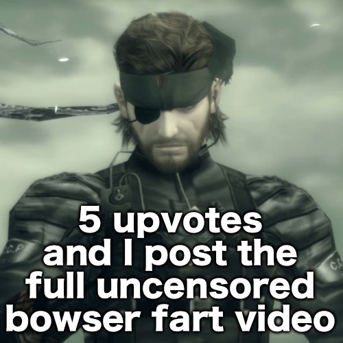 Metal Gear Solid Snake | 5 upvotes and I post the full uncensored bowser fart video | image tagged in metal gear solid snake | made w/ Imgflip meme maker