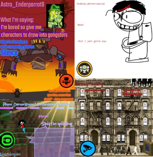 Dimension bird announcement template | I'm bored so give me characters to draw into gangsters; Silence | image tagged in dimension bird announcement template | made w/ Imgflip meme maker