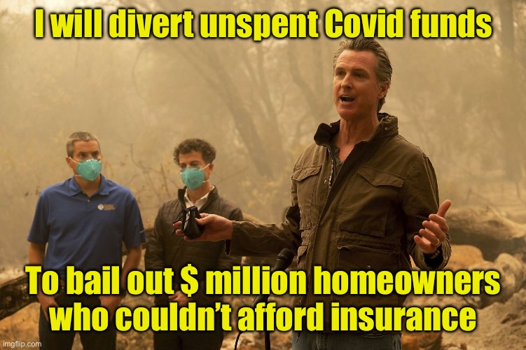 Maybe they should have put his campaign donations toward insurance | I will divert unspent Covid funds; To bail out $ million homeowners who couldn’t afford insurance | image tagged in gavin newsome fire press conference | made w/ Imgflip meme maker