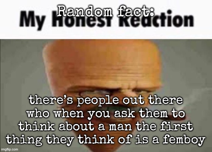 I have seen this before | Random fact:; there’s people out there who when you ask them to think about a man the first thing they think of is a femboy | image tagged in my honest reaction,msmg | made w/ Imgflip meme maker