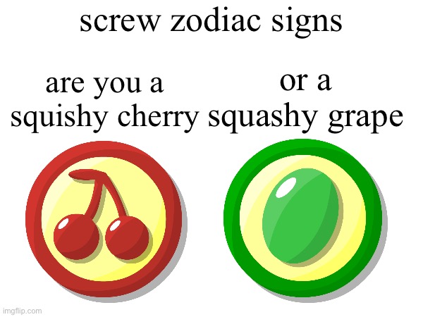 screw zodiac signs | screw zodiac signs; or a squashy grape; are you a squishy cherry | image tagged in bfdi | made w/ Imgflip meme maker