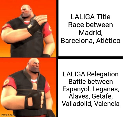 LALIGA EA Sports 24/25 situation rn... | LALIGA Title Race between Madrid, Barcelona, Atlético; LALIGA Relegation Battle between Espanyol, Leganes, Alaves, Getafe, Valladolid, Valencia | image tagged in heavy drake,valencia,atletico,real madrid,barcelona,footy | made w/ Imgflip meme maker