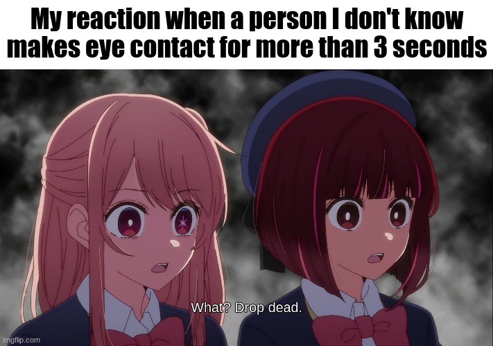 What?  Drop dead. | My reaction when a person I don't know makes eye contact for more than 3 seconds | image tagged in what drop dead | made w/ Imgflip meme maker