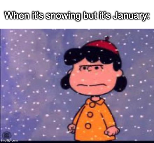 When January ruins snow moments...... | When it's snowing but it's January: | image tagged in cold lucy peanuts,snow,january | made w/ Imgflip meme maker