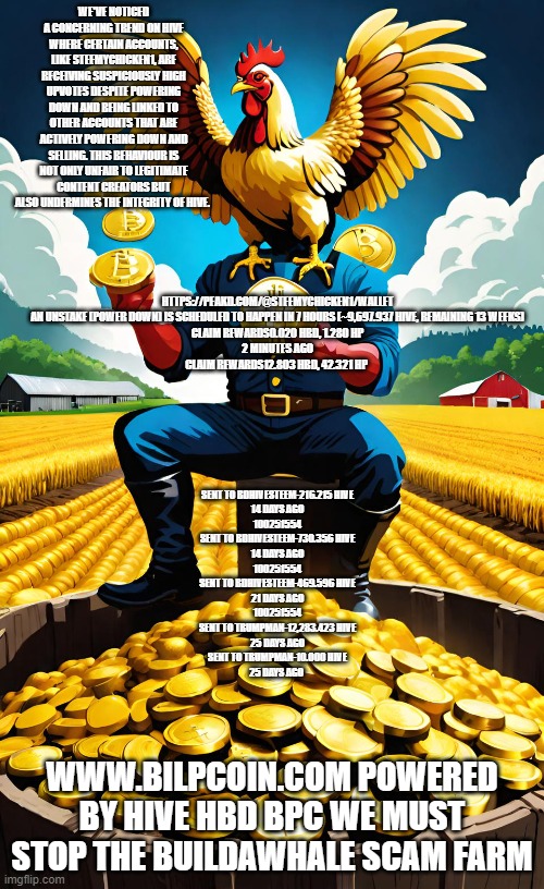 WE'VE NOTICED A CONCERNING TREND ON HIVE WHERE CERTAIN ACCOUNTS, LIKE STEEMYCHICKEN1, ARE RECEIVING SUSPICIOUSLY HIGH UPVOTES DESPITE POWERING DOWN AND BEING LINKED TO OTHER ACCOUNTS THAT ARE ACTIVELY POWERING DOWN AND SELLING. THIS BEHAVIOUR IS NOT ONLY UNFAIR TO LEGITIMATE CONTENT CREATORS BUT ALSO UNDERMINES THE INTEGRITY OF HIVE. HTTPS://PEAKD.COM/@STEEMYCHICKEN1/WALLET

AN UNSTAKE (POWER DOWN) IS SCHEDULED TO HAPPEN IN 7 HOURS (~9,697.937 HIVE, REMAINING 13 WEEKS)

CLAIM REWARDS0.020 HBD, 1.280 HP
2 MINUTES AGO
CLAIM REWARDS12.803 HBD, 42.321 HP; SENT TO BDHIVESTEEM-216.215 HIVE
14 DAYS AGO
100251554
SENT TO BDHIVESTEEM-730.356 HIVE
14 DAYS AGO
100251554
SENT TO BDHIVESTEEM-469.596 HIVE
21 DAYS AGO
100251554
SENT TO TRUMPMAN-12,283.423 HIVE
25 DAYS AGO
SENT TO TRUMPMAN-10.000 HIVE
25 DAYS AGO; WWW.BILPCOIN.COM POWERED BY HIVE HBD BPC WE MUST STOP THE BUILDAWHALE SCAM FARM | made w/ Imgflip meme maker