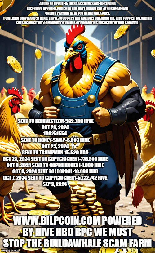 ABUSE OF UPVOTES: THESE ACCOUNTS ARE RECEIVING EXCESSIVE UPVOTES, WHICH IS NOT ONLY UNFAIR BUT ALSO CREATES AN UNEVEN PLAYING FIELD FOR OTHER CREATORS.
POWERING DOWN AND SELLING: THESE ACCOUNTS ARE ACTIVELY DRAINING THE HIVE ECOSYSTEM, WHICH GOES AGAINST THE COMMUNITY'S VALUES OF PROMOTING ENGAGEMENT AND GROWTH. SENT TO BDHIVESTEEM-592.389 HIVE
OCT 29, 2024
100251554
SENT TO HONEY-SWAP-6.593 HIVE
OCT 25, 2024
SENT TO TRUMPMAN-15.620 HBD
OCT 23, 2024 SENT TO COPYCHICKEN1-776.800 HIVE
OCT 8, 2024 SENT TO COPYCHICKEN1-1.000 HIVE
OCT 8, 2024 SENT TO LEOPOOL-10.000 HBD
OCT 7, 2024 SENT TO COPYCHICKEN1-5,122.742 HIVE
SEP 9, 2024; WWW.BILPCOIN.COM POWERED BY HIVE HBD BPC WE MUST STOP THE BUILDAWHALE SCAM FARM | made w/ Imgflip meme maker