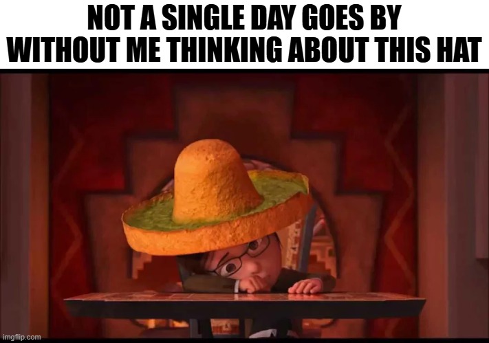 NOT A SINGLE DAY GOES BY WITHOUT ME THINKING ABOUT THIS HAT | image tagged in meme | made w/ Imgflip meme maker