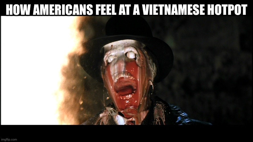 Indiana Jones Face Melt | HOW AMERICANS FEEL AT A VIETNAMESE HOTPOT | image tagged in indiana jones face melt | made w/ Imgflip meme maker