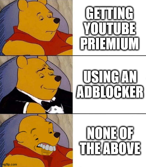 Best,Better, Blurst | GETTING YOUTUBE PRIEMIUM; USING AN ADBLOCKER; NONE OF THE ABOVE | image tagged in best better blurst | made w/ Imgflip meme maker