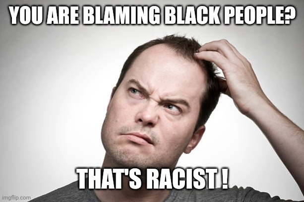 confused | YOU ARE BLAMING BLACK PEOPLE? THAT'S RACIST ! | image tagged in confused | made w/ Imgflip meme maker