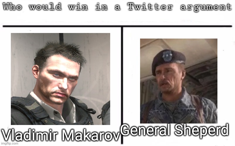 Pitting Call of Duty characters against each other | General Sheperd; Vladimir Makarov | image tagged in pitting random mfs against each other,msmg,memes | made w/ Imgflip meme maker