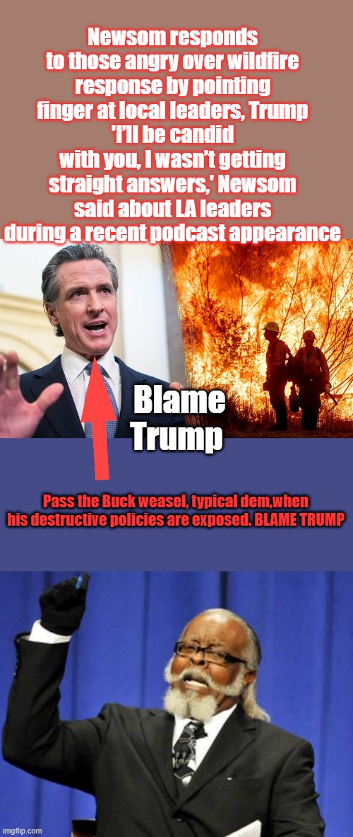 Dems think he'd make a good pres. Goes to show you how screwed up thier thinking is. | Newsom responds to those angry over wildfire response by pointing finger at local leaders, Trump
'I’ll be candid with you, I wasn’t getting straight answers,' Newsom said about LA leaders during a recent podcast appearance; Blame Trump; Pass the Buck weasel, typical dem,when his destructive policies are exposed. BLAME TRUMP | image tagged in memes,too damn high | made w/ Imgflip meme maker