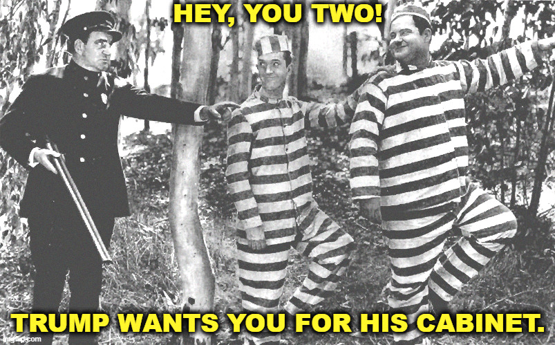 HEY, YOU TWO! TRUMP WANTS YOU FOR HIS CABINET. | image tagged in trump,convicted felon,jail,prison,laurel and hardy | made w/ Imgflip meme maker