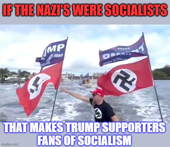 Fan fact: if the nazis were socialists, that makes Trump supporters fans of socialism | IF THE NAZI'S WERE SOCIALISTS; THAT MAKES TRUMP SUPPORTERS
FANS OF SOCIALISM | image tagged in stupid people,nazis,trump supporters,socialism | made w/ Imgflip meme maker