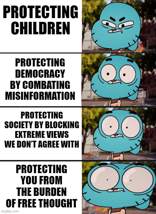 Censorship Mission-Creep | PROTECTING CHILDREN; PROTECTING DEMOCRACY BY COMBATING MISINFORMATION; PROTECTING SOCIETY BY BLOCKING EXTREME VIEWS WE DON’T AGREE WITH; PROTECTING YOU FROM THE BURDEN OF FREE THOUGHT | image tagged in gumball surprised | made w/ Imgflip meme maker